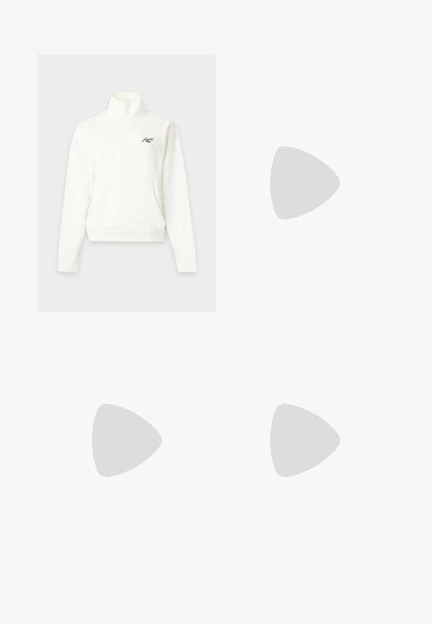 Weißer Pullover mit Viertel-Reißverschluss, hohem Kragen, langen Ärmeln, Fronttasche und kleinem gesticktem Logo auf der linken Brust.; Weißes Strickshirt mit kurzen Ärmeln und marineblau gestreiftem Besatz an Kragen und Ärmeln, mit einer kleinen Brusttasche mit grünem Krokodil-Logo.; Marineblaue Hose mit weitem Bein, elastischem Bund und kleinem Logo oben links vor hellem Hintergrund.; Weiße Sportschuhe mit Netzobermaterial, strukturiertem Design und gepolstertem Kragen. Merkmale sind ein grünes Logo an der Seite und eine gepolsterte Sohle für Komfort.
