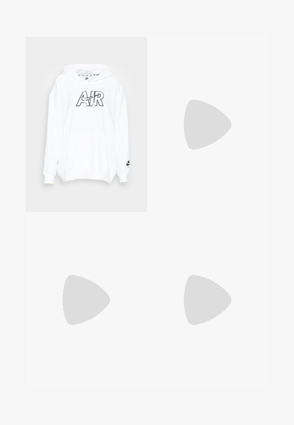 Nike Sportswear AIR HOODIE - Sudadera - white/black; Camiseta atlética sin mangas de color negro, hecha de algodón, con un destacado logotipo de Nike en blanco en una fuente en negrita en la parte frontal.; Pantalones negros de campana con cintura fruncida, hechos de una tela suave y elástica. Presenta un pequeño logotipo blanco en el lado izquierdo.; Zapatillas Nike Air Max con parte superior de malla y cuero negro, detalles en blanco, amortiguación de aire visible y suela de goma texturizada.