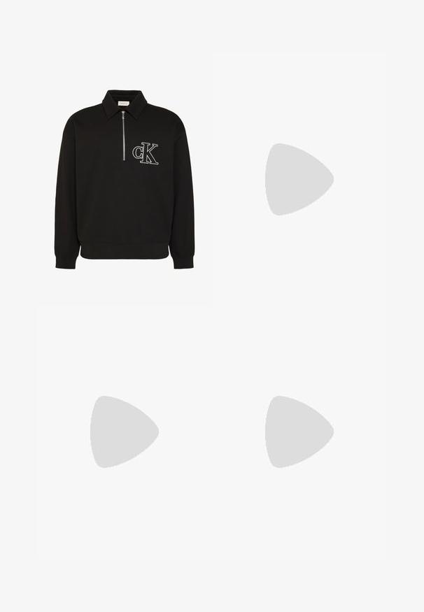 Jersey negro de manga larga con cuello, cremallera frontal hasta la mitad y logo bordado en blanco "cK" en el pecho izquierdo.; Camiseta de algodón gris con mangas cortas, cuello redondo y un logotipo impreso de "Calvin Klein" en un tono más oscuro en el pecho.; Pantalones de pana en negro intenso con un diseño de pierna recta, que presentan cierre de botón, trabillas para cinturón y bolsillos laterales para un uso funcional.; Zapatillas con cordones que presentan una mezcla de tela negra, acentos de ante gris y una gruesa suela intermedia blanca con banda de goma negra.