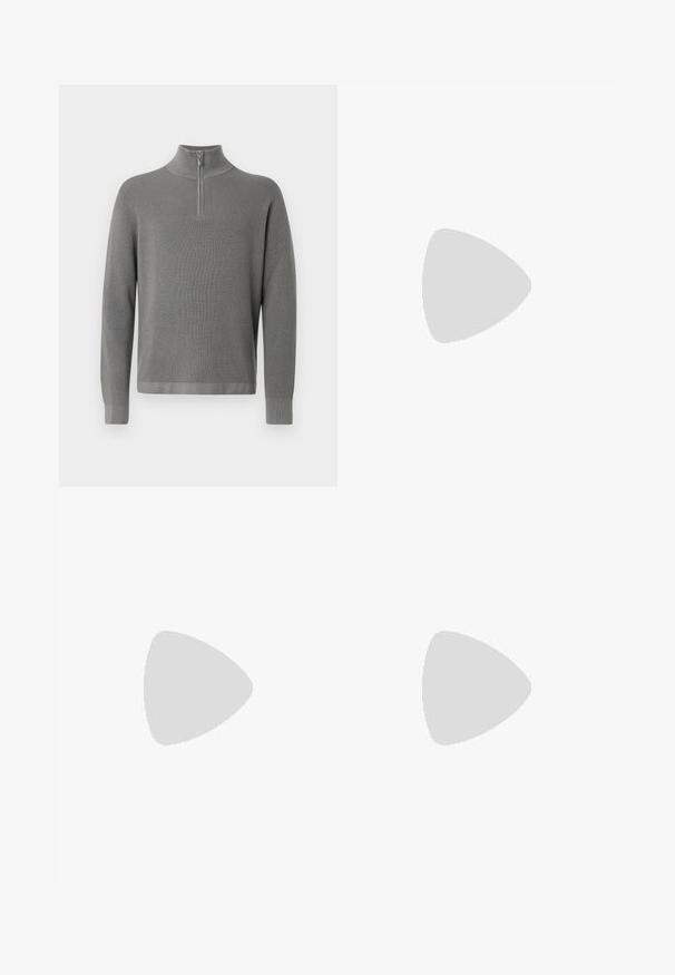 Grå strikket pullover med halv-zip krave, lange ærmer og et tekstureret mønster. Enkle linjer og ribbede detaljer ved ærmerne og kanten.; Sort kortærmet polo-shirt med klassisk krave, lavet af glat stof. Har et mærke med brandnavnet 'Filippa K' ved halsudskæringen.; Sorte denim jeans med lige pasform, fem-lomme design, metal hardware detaljer og en glat, uigennemsigtig tekstur.; Sorte lavtop lædersneakers med tekstureret overflade, sorte snørebånd og tyk gummisål, vist fra siden på en lys baggrund.