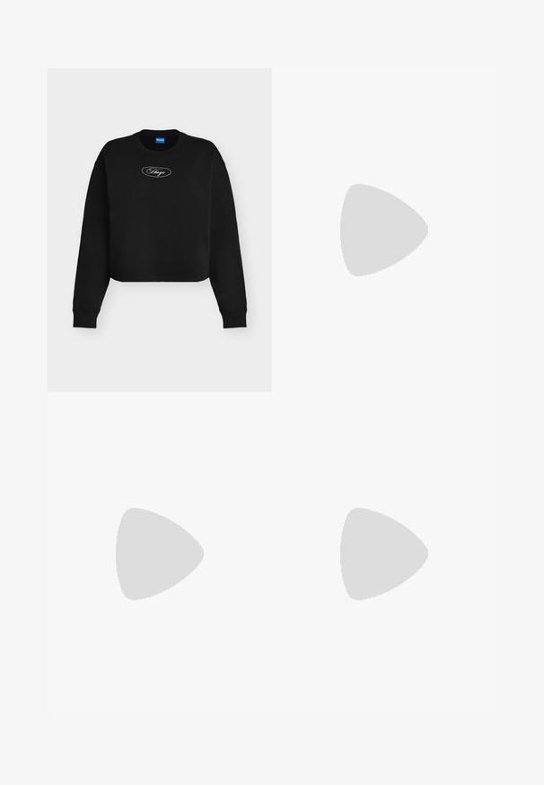 Sweat-shirt court noir avec manches longues, poignets côtelés et logo blanc "Hugo" dans un ovale sur la poitrine.; Pantalon ample gris clair avec taille élastique et cordon de serrage, poches avant, et tissu texturé subtil.; Chaussure slingback en cuir noir à bout pointu avec un talon bloc haut et une doublure intérieure beige sur un fond clair uni.; Sac à main rectangulaire noir avec doubles poignées arrondies, fermeture éclair dorée et logo "HUGO" embossé sur le devant avec une étiquette en cuir attachée.