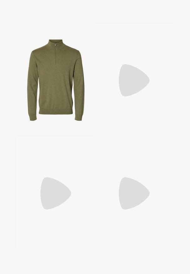 Jersey verde de manga larga con cuello alto y cremallera corta en la parte delantera, hecho de tejido de punto suave.; Pantalones beige con cintura elástica y pernera recta, hechos de tela lisa, mostrados sobre un fondo gris claro.; Mocasines de cuero negro con punta redondeada, que presentan una correa decorativa y una suela de goma gruesa con surcos profundos para mayor tracción.; Cinturón de cuero negro con hebilla de metal plateado, que presenta un acabado liso y un diseño clásico. El cinturón está enrollado con el extremo apuntando.