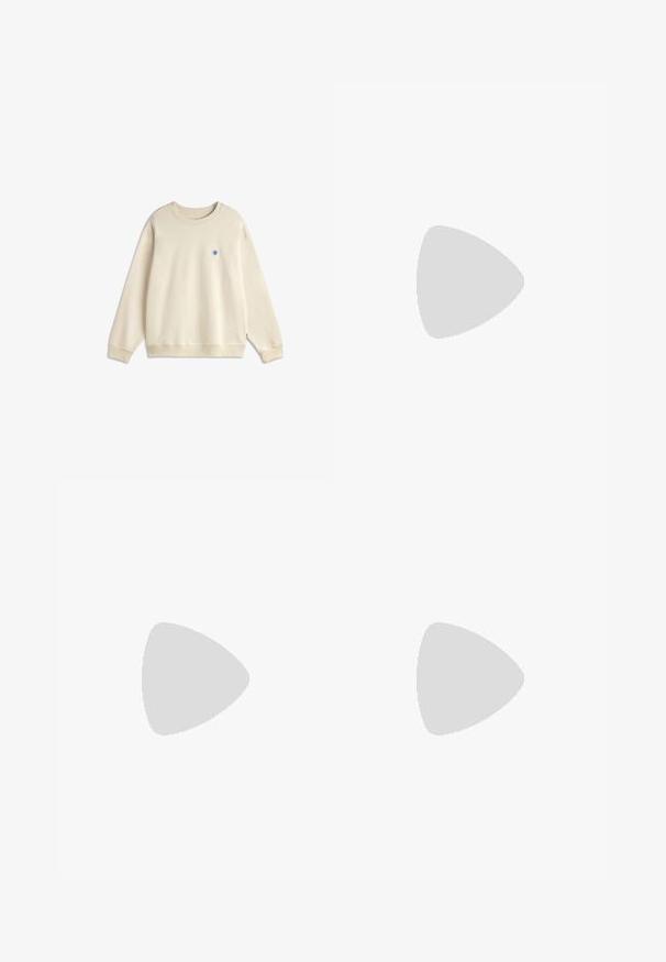 Sweat-shirt beige à manches longues et col rond avec poignets et ourlet côtelés, présentant un petit logo circulaire bleu sur la poitrine gauche.; T-shirt en coton blanc avec un col rond, des manches courtes et une coupe décontractée ; texture lisse avec des bords nets et sans motifs ni embellissements.; Pantalon de survêtement bleu sarcelle avec panneaux latéraux noirs et blancs, taille élastique, et petits logos "moto" et "bareen" sur les cuisses supérieures.; Baskets en suède beige avec semelle en caoutchouc blanc, dotées de lacets beiges, d'accents bleu marine et de détails perforés sur la boîte à orteils.