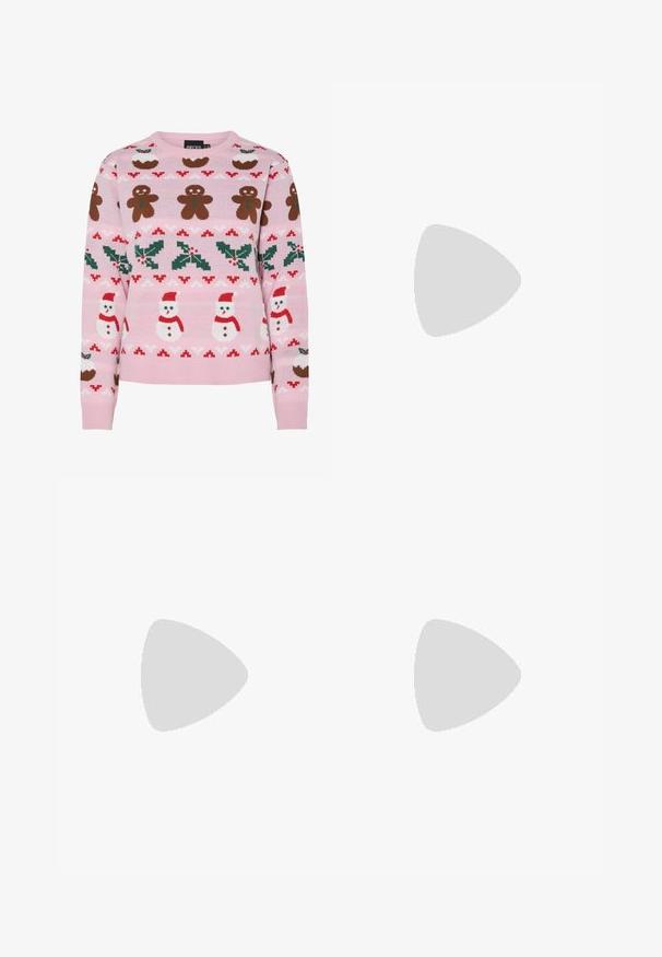 Pieces Christmas PCJOLLY XMAS - Pullover - prism pink; Jean droit bleu clair en denim, doté de deux poches avant, d'une fermeture à bouton et de coutures contrastées le long des coutures.; Chaussure plate en cuir noir avec un nez pointu, des détails froncés autour de l'ouverture et un accent en boucle argentée sur la bride ajustable.; Sac à main en cuir noir avec boucle dorée et détails à rivets, poignées courtes et bandoulière réglable sur fond blanc uni.