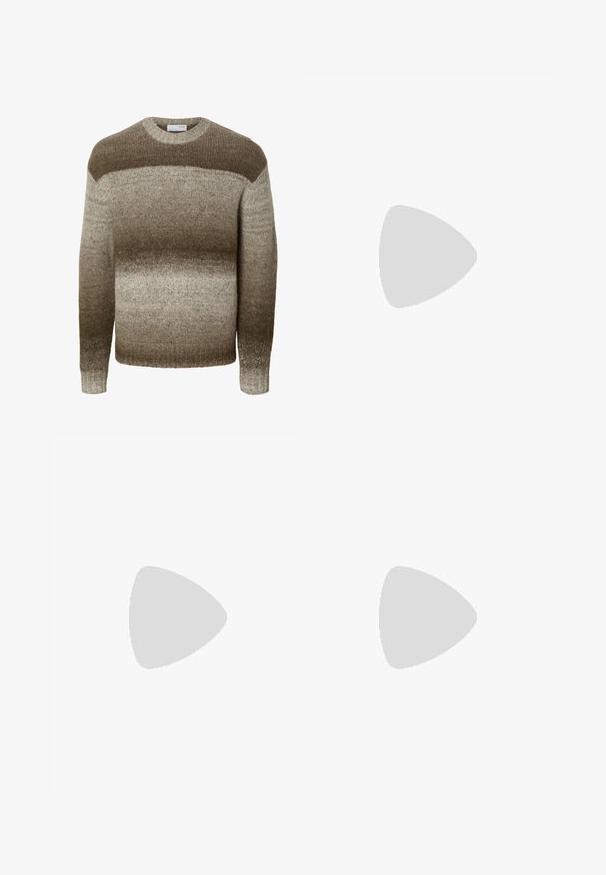 Pull en tricot à manches longues avec col rond présentant des rayures horizontales dégradées dans des tons bruns et beiges.; Chemise à manches longues vert clair avec un col, deux poches poitrine, fermeture à boutons sur le devant et une coupe décontractée. Fabriquée en tissu texturé.; Jean en denim bleu coupe droite avec poches avant, passants de ceinture et fermeture par boutons, posé à plat sur fond blanc.; Baskets blanches basses à lacets sur l’avant et semelle épaisse, vues de côté sur un fond neutre.