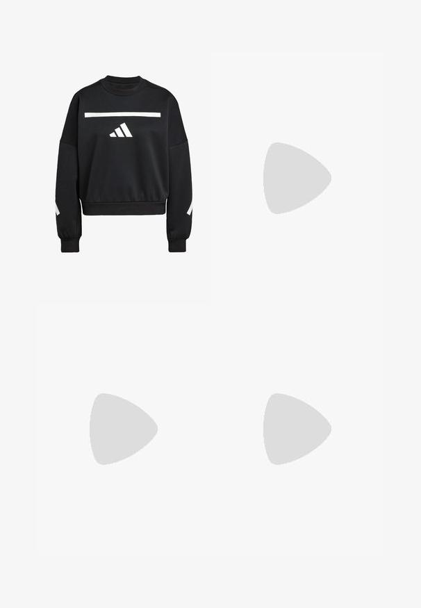 Sweatshirt noir en mélange de coton, avec une bande horizontale blanche et trois rayures blanches sur la manche gauche, col rond.; Leggings noirs en matériau extensible avec une taille haute, présentant un petit logo Adidas blanc sur la jambe gauche. Texture lisse.; Chaussure de sport noire avec des bandes blanches et une semelle beige texturée sur un fond neutre, vue de profil.; Sac à main noir rembourré avec une poignée arrondie, présentant une surface lisse et brillante ainsi qu'une texture douce et matelassée. Pas de quincaillerie ou d'accents visibles.