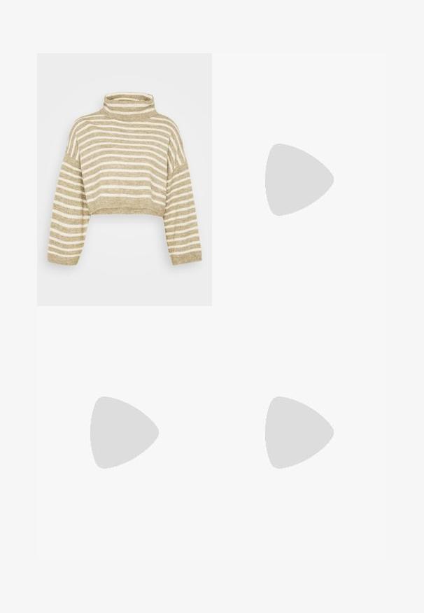 ONLY Petite ONLTALIO STRIPE SHORT ROLLNECK  - Pullover - weathered teak/birch melange; Pantalon noir taille haute à jambes larges avec fermeture devant par bouton et zip, poches latérales et plis subtils à la taille.; Chaussures en cuir noir à bout pointu et à enfilage, associées à un jean large bleu clair, sur un sol en bois.; Sac à main en cuir noir au design structuré, avec une poignée arrondie et une bandoulière amovible. Présente une texture lisse et un éclat subtil.