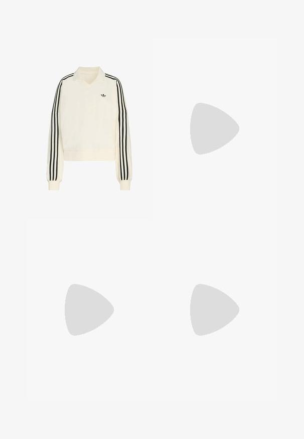 Creme farvet pullover med v-hals, lange ærmer, sorte striber langs armene og et lille sort logo på brystet. Fremstillet af blødt stof.; Brune atletiske shorts lavet af glat stof med en afslappet pasform, med hvide sidelæg og et broderet logo på den nederste venstre kant.; Brun sneakers med cremefarvede Adidas-striber, velcro-rem og gummisål, set fra siden på hvid baggrund.; Beige patenteret lædertaske med sorte accenter, der har dobbelte håndtag og en aftagelig skulderrem. Frontlogo i sort.