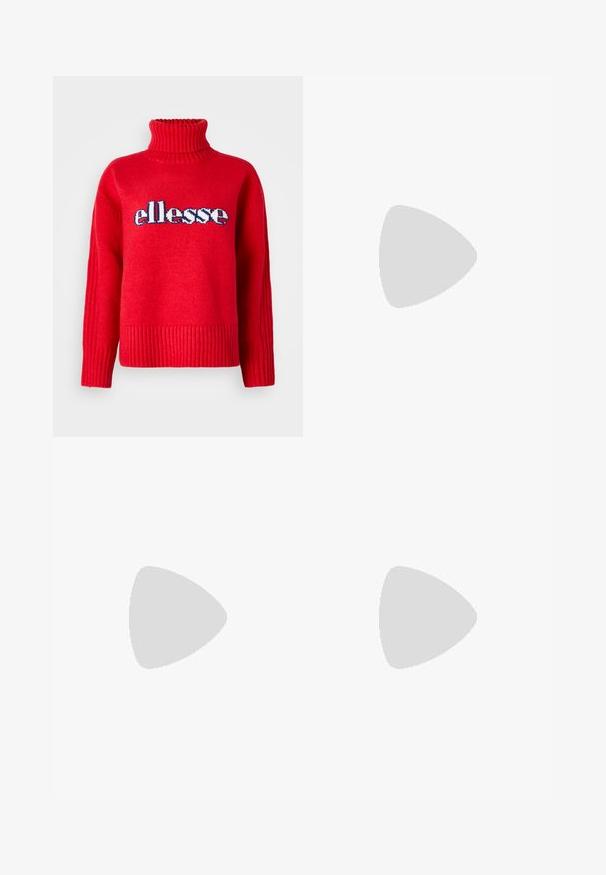 Rød strikket sweater med høj ribkant. Har horisontale ribbede detaljer ved kanten og manchetterne. "ellesse" logoet er fremtrædende vist i blå og hvid.; Bredde ben jeans i mørkeblå denim, med høj talje, kontrasterende hvid syning og traditionelt fem-lomme design.; Hvid sko med en lyserød ruskindforfod, sorte striber og en velcrorem. Har en lys gummi sål og et logo på siden.; Par skinnende sølvøreringe med tynde trådlåse, vist på en lys grå baggrund.
