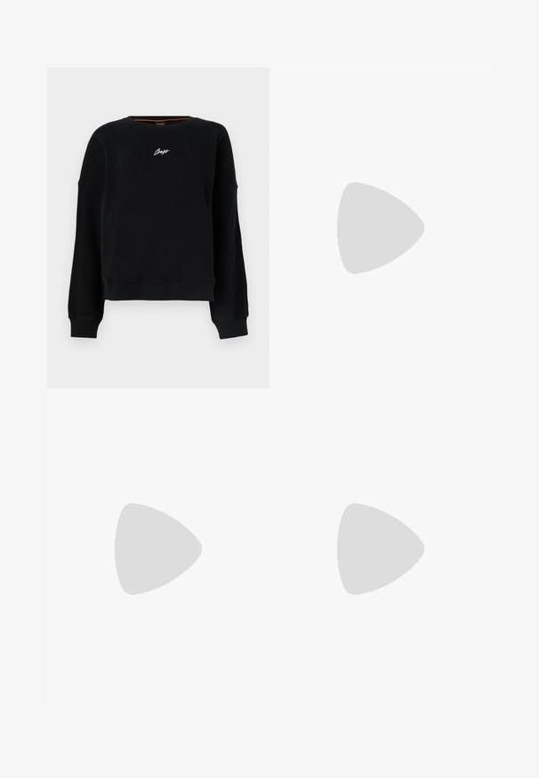 Sweatshirt noir à manches longues avec poignets et ourlet côtelés, arborant un petit logo blanc « Boss » centré sur la poitrine.; Chemise blanche à boutons avec manches longues, col classique et logo en forme de cœur rouge sur la poitrine gauche. Texture lisse et coupe ajustée.; Jean en denim bleu à jambes larges avec un effet délavé, motifs de cœurs blancs et textes, cinq poches et une fermeture à bouton standard.; Mocassins en cuir noir avec un design d'accent cousu, bout rond, semelle plate en caoutchouc et finition lisse. Silhouette classique et polyvalente.