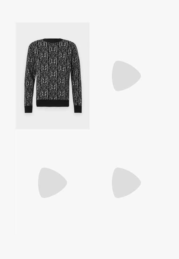 Pull en maille noire avec un motif répétitif gris composé de lettres et de formes, doté d'un col rond et de poignets et ourlet côtelés.; Pantalons évasés beiges en tissu texturé, avec fermeture éclair et poches latérales pour plus de fonctionnalité. Design ajusté.; Mocassin homme en cuir noir avec un petit talon et une couture de style mocassin sur l'avant, vu de côté sur un fond uni.; Sac bandoulière noir avec sangle réglable et petit emblème logo argenté sur le rabat avant, présenté sur un fond clair uni.