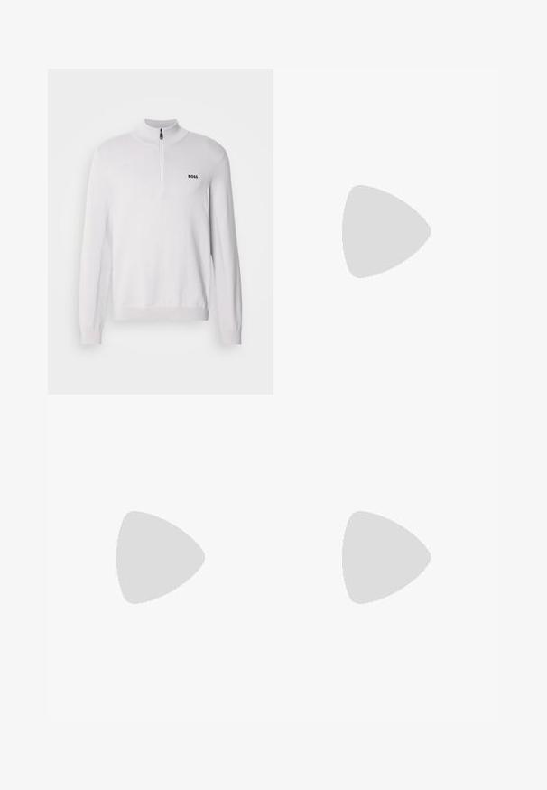 Sweater zippé blanc avec un col montant, texture côtelée et manches longues. Présente un petit logo noir "BOSS" sur la poitrine.; T-shirt en coton blanc à manches courtes, col rond, avec un logo « BOSS » en relief sur la poitrine. Texture lisse, coupe standard.; Jean skinny noir avec des détails délavés, style cinq poches et fermeture par bouton à la taille.; HUGO MORRIE - Baskets basses - black