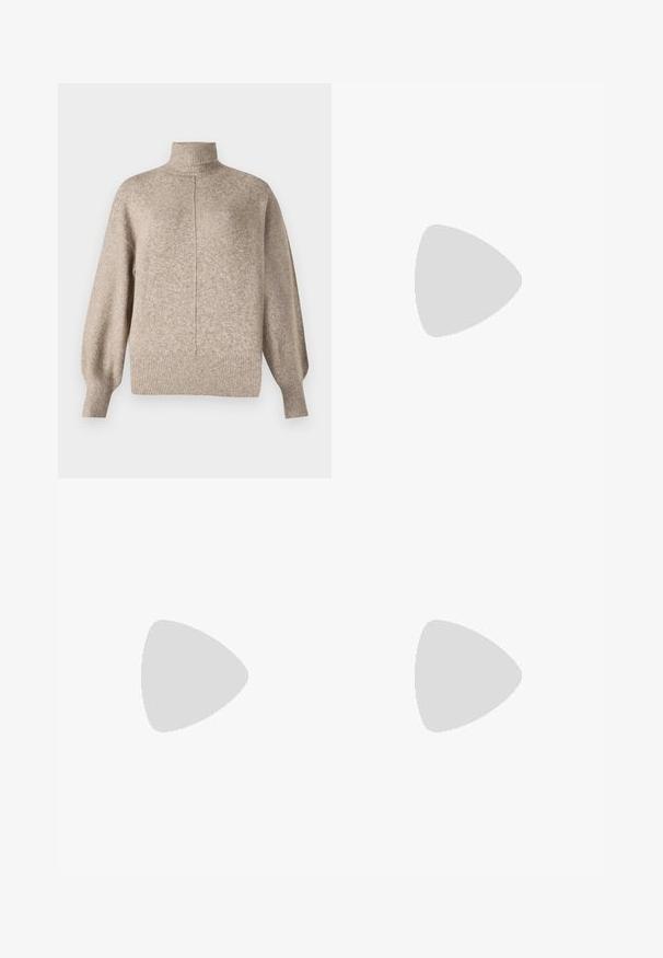 Vero Moda VMDOFFY - Pullover - sepia tint; Jeans en denim bleu taille haute pour hommes, avec jambes larges, bouton et fermeture éclair à l'avant, ainsi que poches avant et arrière.; Jambes portant des leggings côtelés foncés associés à des ballerines noires avec de petits détails en nœud sur fond blanc.; Sac bandoulière en cuir marron foncé avec une forme souple et décontractée et une anse nouée torsadée sur un fond blanc uni.