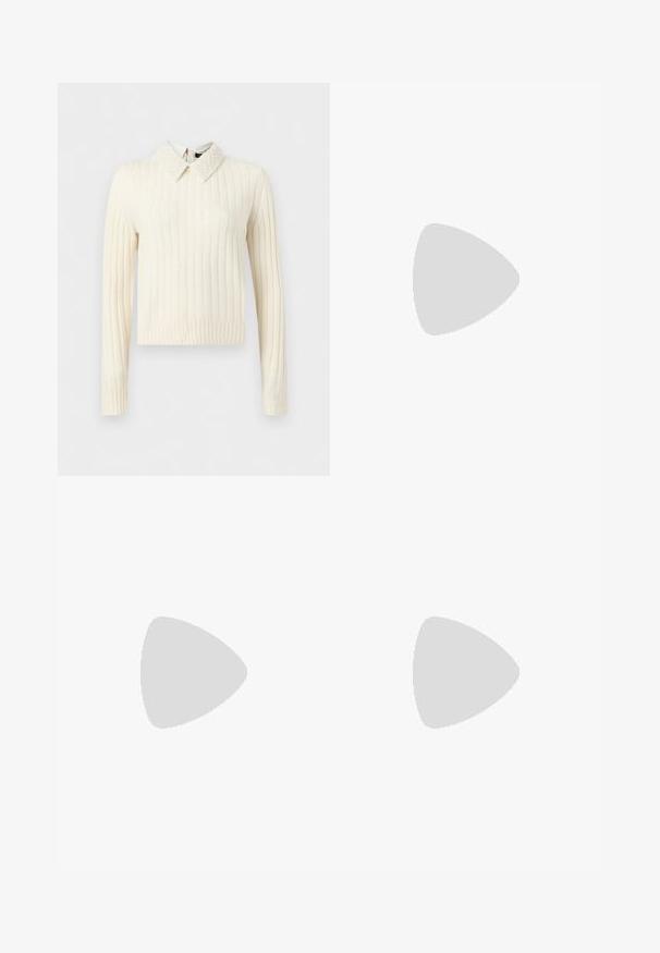 Pull crème côtelé à manches longues avec col pointu texturé orné de perles et ourlet droit.; Jupe marron en suédine synthétique coupe trapèze avec taille froncée, passants pour ceinture et fermeture par un seul bouton à l'avant.; Ballerines en cuir noir avec un bout rond, texture lisse, détails de couture minimalistes et design de semelle flexible.; Sac bandoulière en daim marron avec une longue sangle réglable et une fermeture à tour dorée sur le rabat avant.