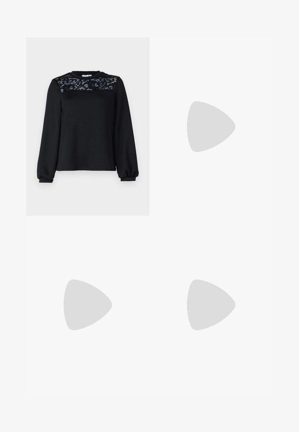 Un pull noir à manches longues, avec des détails en dentelle texturée sur la poitrine et un col rond. Tissu doux avec des poignets côtelés.; Jean en denim bleu évasé avec une taille mi-haute, doté de cinq poches, d'une fermeture à bouton et d'une légère décoloration le long des jambes.; Escarpin noir avec bride arrière, talon kitten, bout pointu, motif texturé et détail de boucle argentée sur fond blanc.; Sac à bandoulière bleu en mesh avec sangle réglable et fermeture éclair, présenté sur un fond blanc uni.