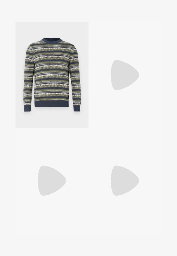 Pull en tricot vert, bleu marine et blanc avec des motifs à rayures horizontales et des designs géométriques. Col rond et poignets côtelés.; Polo à manches longues avec rayures horizontales bleues et rose clair, col blanc et logo discret sur la poitrine. Matière en coton.; Jean en denim bleu avec une coupe droite, quatre poches et des détails en métal. Le tissu présente une légère texture et un lavage uniforme.; Baskets en suède vert et canard avec une empeigne en mesh, dotées de lacets argentés et d'une semelle en caoutchouc marron. Le branding sur le côté et les accents texturés sont visibles.