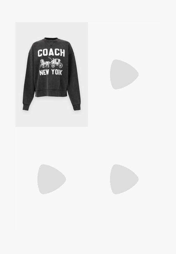 Μαύρο μακρυμάνικο φούτερ με λευκό κείμενο "COACH NEW YORK" και μια γραφική παράσταση άμαξας που έλκεται από άλογο στο κέντρο μπροστά.; Μαύρα τζιν σε φαρδιά γραμμή φτιαγμένα από βαμβάκι με μαλακή υφή, που διαθέτουν διακριτά κεντημένα σχέδια και χρυσό hardware στις τσέπες.; Μαύρο δερμάτινο μποτάκι γύρω από τον αστράγαλο με μυτερή μύτη και χαμηλό τακούνι σε ανοιχτό φόντο, εμφανίζει την εξωτερική πλευρά.; Τσάντα μπεζ από δέρμα σε σχήμα ημισελήνου με έναν μόνο ιμάντα ώμου και ελάχιστη ραφή, σε απλό λευκό φόντο.