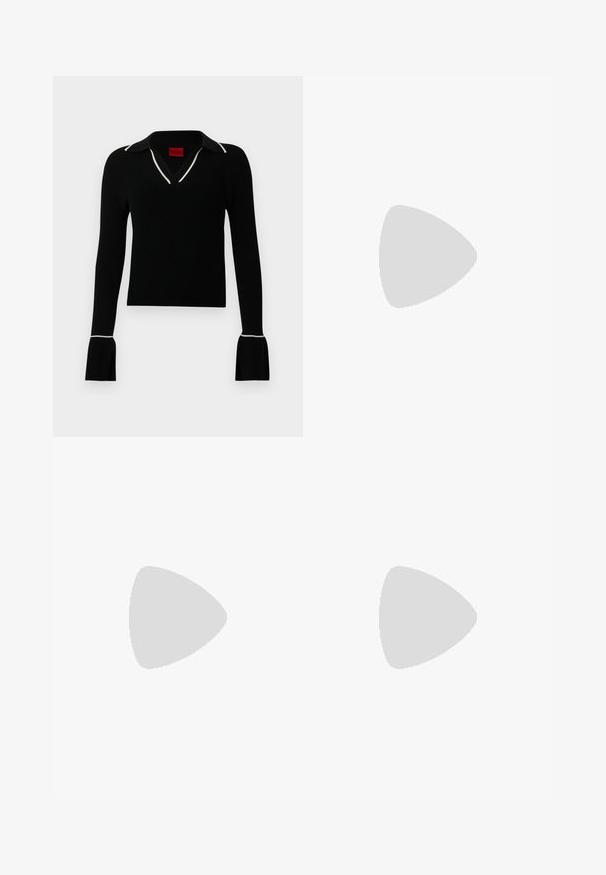 Haut noir côtelé à manches longues avec col en V et bordure de col blanche. Doté de manches évasées aux poignets et d'une coupe ajustée. Étiquette de marque rouge à l'intérieur.; Jean en denim gris clair avec une taille haute et une coupe droite. Comprend deux poches avant et des coutures contrastantes.; Chaussure plate en cuir noire à bout pointu avec petit talon, vue de profil sur fond blanc.; Sac à main en cuir rose avec bandoulière chaîne dorée et petite boucle de poignet assortie, logo Michael Kors embossé au centre avant.