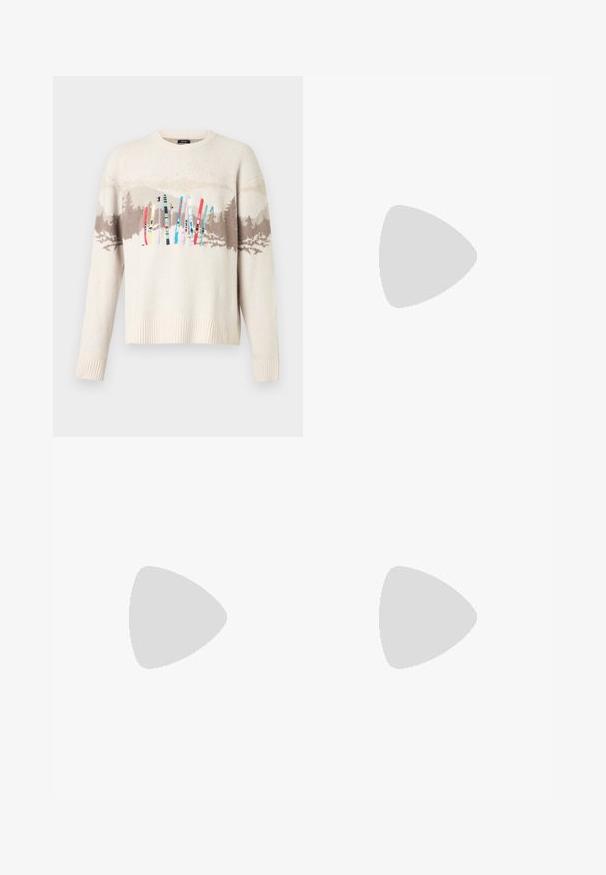 Pull en tricot crème avec motif de montagnes et forêt marron et skis brodés colorés sur la poitrine.; Chemise à manches longues boutonnée avec un motif à carreaux rose, blanc et gris, dotée d'une poche poitrine unique avec un bouton.; Pantalon en coton noir avec jambes droites, fermeture par boutons, passants pour ceinture et poches latérales. Texture lisse sans motifs apparents ni marque visible.; Baskets en cuir blanc avec bandes noires et embout en daim beige. Semelle en caoutchouc brun foncé. Lacets et col rembourré complètent le design.