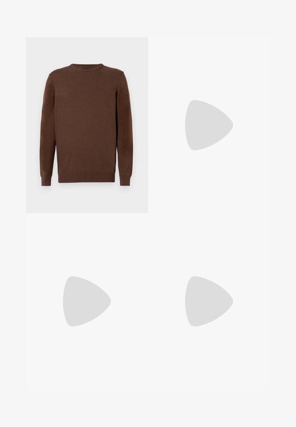 Pull en laine marron à manches longues avec col rond, doté de poignets et d'un ourlet côtelés, avec un petit logo brodé discret sur la poitrine gauche.; T-shirt à manches courtes de couleur crème avec encolure ronde et petit détail de cœur brodé sur le côté gauche de la poitrine.; Pantalon beige taille haute avec plis, passants de ceinture, fermeture par bouton et jambes larges droites sur fond blanc.; Baskets basses blanches avec un design à lacets et une languette marron au talon sur un fond clair uni.