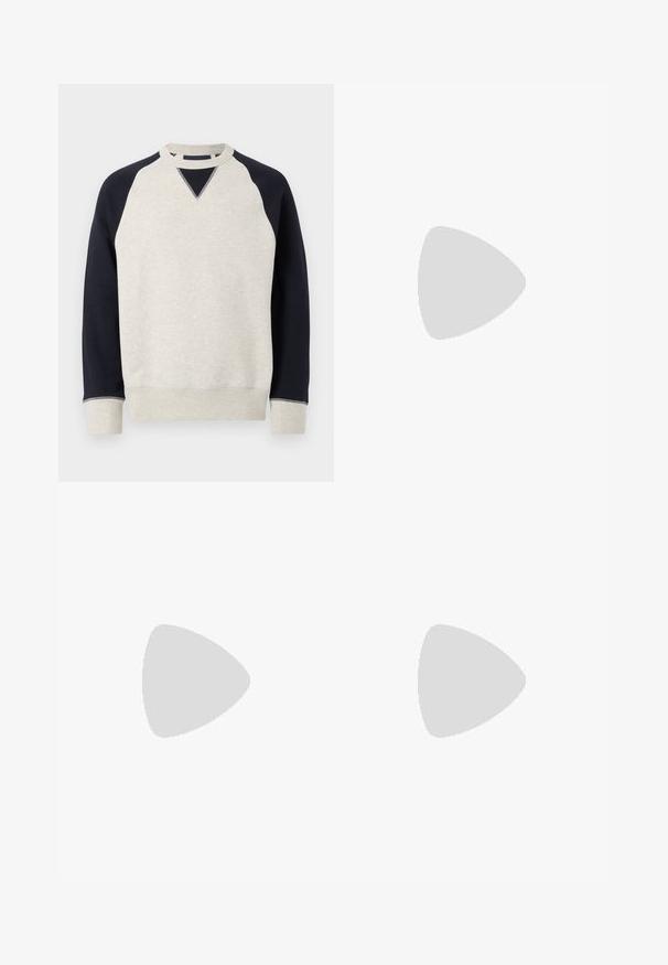 Sweat-shirt à col rond avec corps gris clair, manches raglan noires et poignets et ourlet gris.; Chemise à manches courtes boutonnée avec des rayures verticales beige et blanches et un col pointu sur un fond uni.; Pantalon court taille haute à jambes larges avec motif petits carreaux beige et noir, passants de ceinture et plis devant.; Mocassins en cuir noir avec une finition texturée, dotés d'une bride décorative à l'avant et d'un bout arrondi. Semelle en caoutchouc pour plus de durabilité.