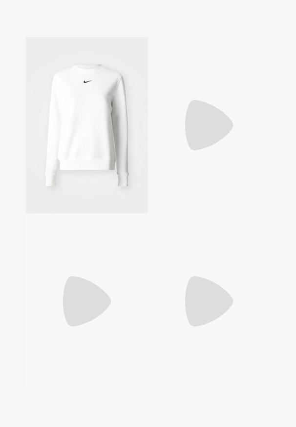 Biely sveter vyrobený z mäkkej tkaniny s rebrovaným výstrihom a manžetami. Obsahuje malé čierne logo Nike umiestnené na hrudi.; Čierne tepláky vyrobené z bavlnenej zmesi, s elastickým pásom na šnúrku, rovnými nohavicami a bielym logom Nike na ľavej strane.; Biela nízka teniska s perforovaným dizajnom Nike swoosh na boku, bielymi šnúrkami a textúrovanou podrážkou na neutrálnom pozadí.; Čierne obdĺžnikové slnečné okuliare s tmavými sklami a hrubými matnými rámami. Ramena sú mierne zúžené s hladkým povrchom.