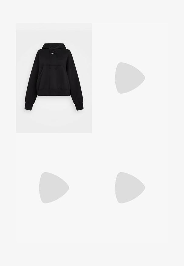 Sudadera corta negra hecha de tejido suave, con capucha ajustable, bolsillo canguro delantero y un pequeño logo blanco de Nike en el pecho.; Even&Odd Petite by Zalando Pantalones deportivos - black; Zapatilla deportiva blanca con parte superior de malla y cuero, suela gruesa y lengüeta en el talón, mostrada de perfil sobre fondo neutro.; Bolso hobo negro de tela suave, con forma curva, cierre de cremallera y una amplia correa ajustable. Textura suave sin patrones.