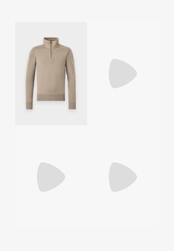 Pull beige à manches longues avec empiècements matelassés sur les épaules, demi-fermeture éclair à l'avant, col montant, et poignets et ourlet côtelés.; T-shirt à manches courtes vert olive avec col rond et petit logo JOOP! Jeans sur le côté gauche de la poitrine, style simple et décontracté.; Jean noir slim fit délavé avec fermeture par bouton et fermeture éclair, poches avant et arrière, présenté à plat sur fond blanc.; Mocassin homme en cuir noir avec couture moc toe, bride penny, col texturé et petit talon empilé sur fond blanc.