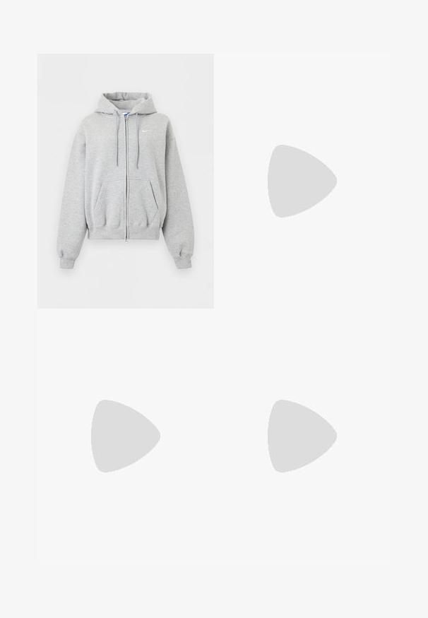 Light gray zip-up hoodie with front pockets, drawstring hood, ribbed cuffs and hem, and small white Nike logo on the chest.; Light gray cotton t-shirt featuring a round neck and short sleeves, with "NIKE SHOX" printed in bold white letters across the chest.; Red velour wide-leg pants with drawstring waist and small Nike swoosh logo on left thigh, displayed on plain background.; Black athletic shoes with a textured upper, brown accents, and a purple air-cushioned sole. Laced design with prominent branding.
