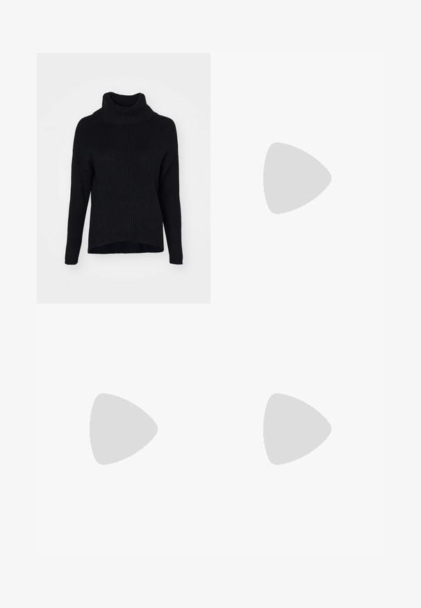 ONLY ONLKATIA SADDLE ROLL NECK - Πουλόβερ - black; Μαύρο στενό τζιν από τζιν ύφασμα, με ψηλή μέση και κλείσιμο με τρία ασημί κουμπιά, καθώς και κλασικό σχέδιο με πέντε τσέπες.; Πόδια με σκουρόχρωμα ριμπ κολάν συνδυασμένα με μαύρα μπαλαρίνα παπούτσια με μικρές λεπτομέρειες φιόγκων σε λευκό φόντο.; Μικρή μαύρη γυαλιστερή τσάντα με δύο μακριές λαβές και λεπτομέρειες με ρυθμιζόμενο κορδόνι στο πλάι σε απλό ανοιχτό φόντο.
