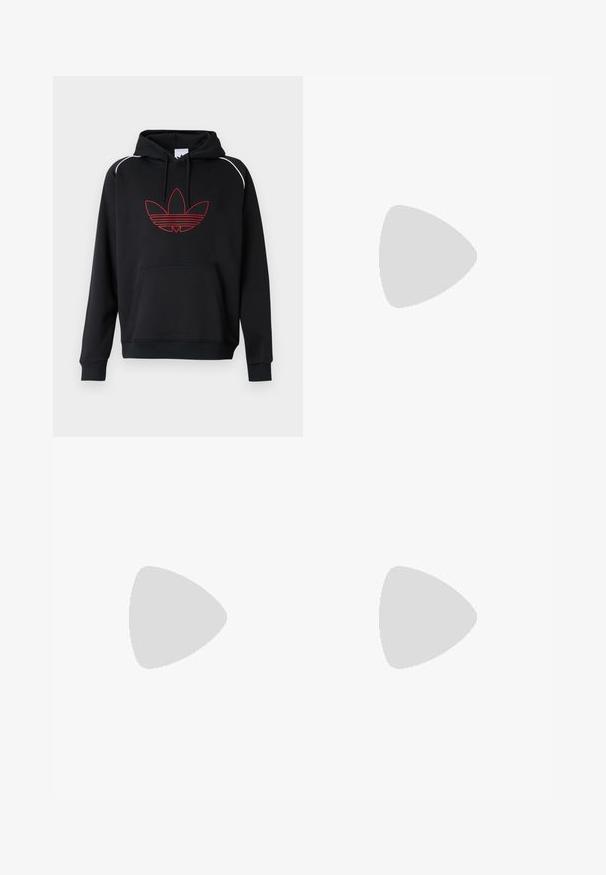 Sort hættetrøje med en forlommekanguru, der har et tre-bladet logo med rød omrids og hvide accentsømme på skuldrene.; Sort kortærmet T-shirt med røde sideakcenter, hvid Adidas-logo på brystet og hvide skulderstriber. Fremstillet af et glat stof.; Sorte atletikbukser med elastisk linning, grønne sidelister og rødt broderet logo på begge sider. Glat, letvægtsmateriale.; Sort Adidas Spezial-sneaker med røde, gule og grønne striber, røde snørebånd, gummisål og rødt hældetalje, vist svævende over fortovet.