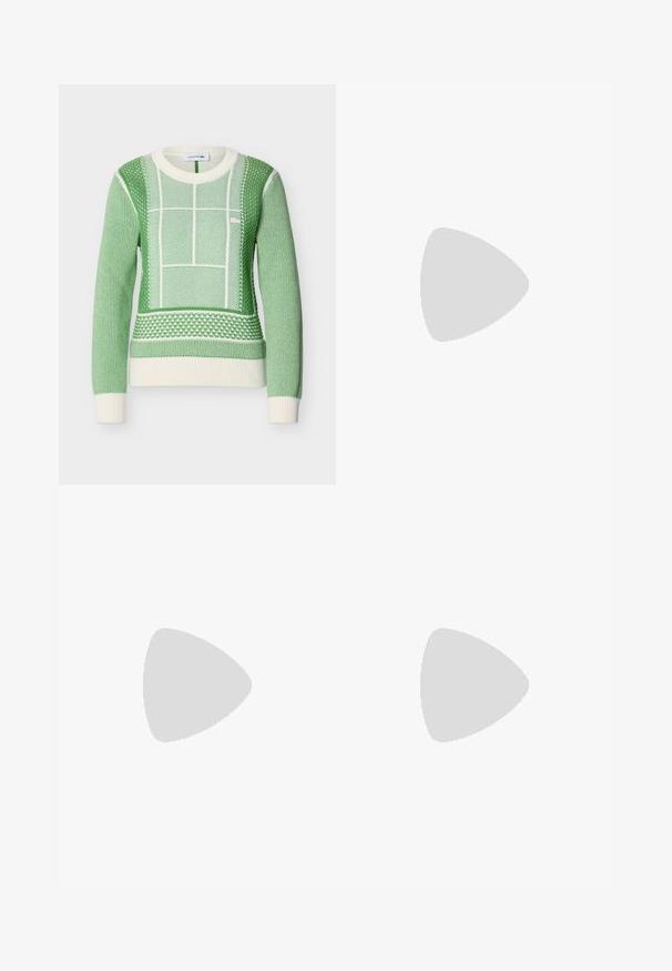 Pull vert et blanc à manches longues en tricot avec motifs géométriques texturés, poignets et ourlet côtelés, logo Lacoste sur la poitrine.; Jupe plissée blanche avec une ceinture marine arborant un logo Lacoste et des accents rouges. Fabriquée dans un matériau lisse et doux.; Baskets avec une tige en cuir crème et daim, présentant deux bandes horizontales beiges et une semelle en caoutchouc, design à bout arrondi, fermeture à lacets.; Boucles d'oreilles en argent avec une finition polie et un branding DKNY, présentées sur un fond blanc uni.