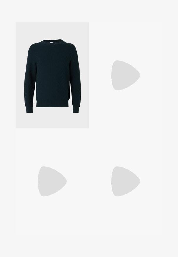 Pull tricoté vert foncé avec un motif texturé, col rond, poignets côtelés, avec une fente latérale à l'ourlet.; T-shirt en coton écru uni à manches courtes avec col rond et logo discret embossé sur la poitrine gauche.; Pantalon habillé noir avec plis sur le devant, fermeture à bouton et zip, et une partie de la ceinture élastiquée.; Mocassins en cuir noir avec une finition lisse, des détails cousus sur le devant et un talon légèrement surélevé.