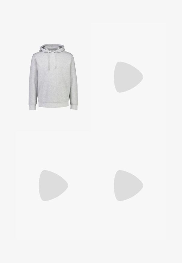 Lys grå hættetrøje lavet af en bomuldsblanding, med en frontlomme, justerbare snøretræk og ribkantede manchetter og nederkant.; Enkel hvid t-shirt med korte ærmer og rund hals med løs pasform, vist mod en hvid baggrund med skygge på venstre side.; Blå straight-leg denim jeans med forlommer og bæltestropper, der viser let falmede detaljer på lår og knæ.; Hvide kanvas sneakers med gummisål, snørebåndsdesign og et lille logo mærke på siden. Tekstureret hvid overdel og brun ydersål.