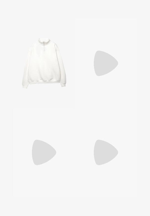 Hvid langærmet pullover med ribstrikkede manchetter og kant, med høj krave og forreste kvart-lynlås.; Enkelt hvid T-shirt med korte ærmer og rund hals, løs pasform og uden synlige logoer eller designs foran.; Grå støvleben jeans med fem lommer, knap- og lynlåslukning, vist fladt på hvid baggrund.; Hvid lavtop sneaker med snørebånd foran og tyk sål, vist fra siden mod en neutral baggrund.