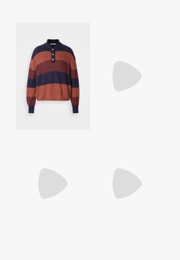 Pull en maille rayé avec des rayures horizontales bleu marine, rouge brique et bordeaux. Encolure à col avec trois boutons dorés et poignets côtelés.; Jupe crayon en cuir marron à texture lisse, avec deux poches latérales et des détails de couture à l'avant, conçue pour une coupe ajustée.; Bottes noires montantes en cuir lisse, avec un bout pointu et un talon fin, une tige ajustée et un design minimaliste.; Sac à main en cuir brun foncé Calvin Klein avec de longues poignées doubles et un petit porte-clé logo suspendu à une poignée.