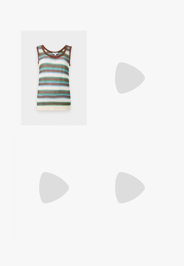 Débardeur sans manches en tricot avec maille ouverte et rayures horizontales marron, vert, bleu et crème sur fond blanc.; Pantalon en lin beige à jambe droite et fermeture avant dissimulée, présenté à plat sur un fond clair uni. Pas de poches ni de détails visibles.; Des sandales blanches à talons présentent un bout carré, de fines lanières et un talon épais. La semelle est lisse avec une légère texture sur un fond uni.; Petit sac à main en cuir beige avec une seule bandoulière et des clous argentés le long des bords et de la bandoulière, posé sur un fond uni.