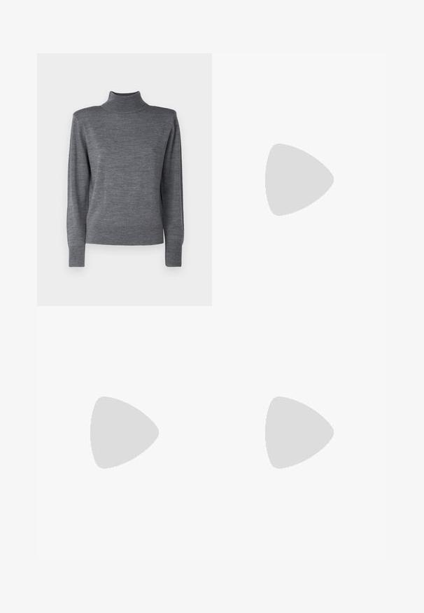 Pull en maille gris à col roulé, doté de manches longues, d'une silhouette ajustée et de poignets et d'un col côtelés.; Jupe à motif chevrons en tissu gris, présentant une silhouette ajustée avec une texture lisse et un ourlet droit et net.; Bottes marron montant jusqu'aux genoux, en matériau lisse, avec un bout pointu, un talon bas et un accent en boucle métallique sur le côté.; Sac à main bordeaux en matériau brillant, de forme rectangulaire, avec deux anses et des accents légèrement courbés à l'avant.