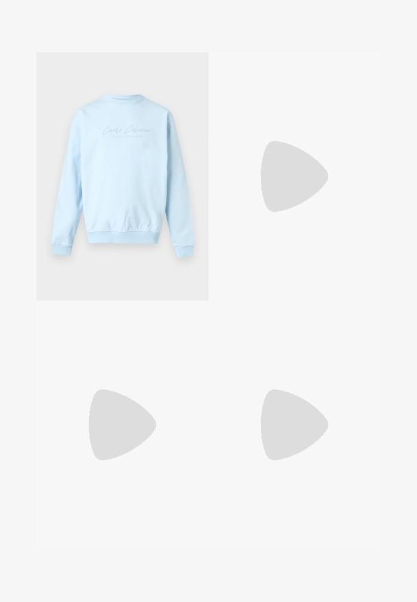 Sweat-shirt bleu clair à col rond, manches longues avec le texte "Carlo Colucci" subtilement brodé sur la poitrine.; T-shirt blanc à manches courtes avec un petit patch logo EA7 Emporio Armani sur la poitrine gauche et une étiquette de marque à l'intérieur du col.; Pantalon de survêtement gris clair avec taille élastique et cordon, avec un petit logo blanc sur la partie supérieure de la cuisse, présenté de face.; Baskets blanches avec dessus en daim et cuir texturé. Caractérisées par un bout arrondi, une fermeture à lacets et une semelle en caoutchouc beige contrastante.