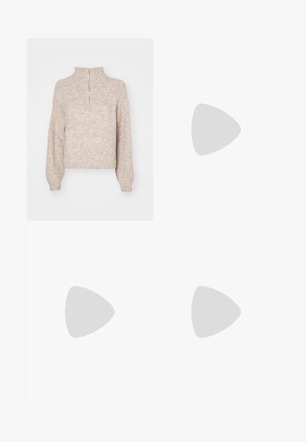 Pull en tricot beige avec un col montant et une fermeture éclair mi-hauteur. Présente de longues manches légèrement bouffantes et un ourlet côtelé. Matière texturée et douce.; Jupe en cuir vert olive avec une taille ceinturée, dotée de deux poches avant et d'une texture lisse. Silhouette évasée avec un design moderne.; Bottes en cuir bordeaux glacé montant jusqu'au genou, avec un bout carré et un talon bloc, présentant un design ample et des détails de couture minimalistes.; Sac à épaule en cuir noir avec une sangle à boucle, des bords arrondis et des coutures blanches contrastées sur un fond uni.