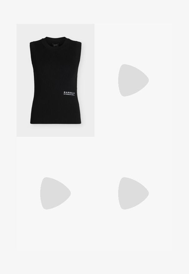 Top noir en maille côtelée sans manches avec encolure ronde et petit logo blanc "Barbour International" en bas à droite à l'avant.; Chemise blanche à manches longues boutonnée, avec col pointu et poche poitrine, présentée sur un fond clair uni.; Pantalon blanc à jambes droites avec fermeture à boutons et fermeture éclair, passants pour ceinture, et plusieurs rivets noirs sur la partie avant des cuisses.; Ballerines en cuir noir avec un bout arrondi et des coutures minimales. Talon bas et rectangulaire avec une texture lisse. Détails subtils de doublure intérieure.