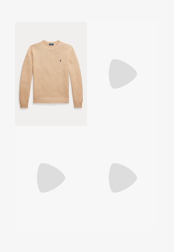 Béžový dlhý rukáv s okrúhlym výstrihom, s rebrovanými manžetami a lemom, s malým námorníckym modrým logom Polo Ralph Lauren na ľavej strane hrudníka.; Svetlomodré bavlnené tričko s okrúhlym výstrihom a krátkymi rukávmi. Na ľavej strane na hrudi je biely vyšívaný znak.; Béžové bavlnené džínsy so slim fit strihom, päť vreciek a viditeľným šitím. Obsahujú kovový gombík a označenie na páse.; Pánske tenisky v tmavozelenej a hnedej semišovej farbe, s sieťovinovými panelmi, bielymi šnúrkami a gumovou podrážkou. Na boku sa nachádza logo.
