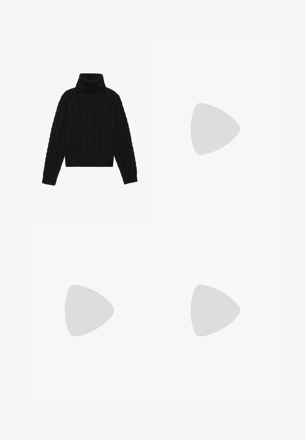 Pull en maille noire à col roulé avec un ourlet côtelé et un motif en tricot torsadé, doté de manches longues et d'un col structuré.; Pantalons en denim bleu foncé avec une coupe droite, dotés d'une fermeture à bouton à l'avant, de passants de ceinture et de deux poches avant.; Bottes en cuir bordeaux arrivant au genou, pointues, avec une finition texturée et un talon carré. Elles présentent une sangle avec une boucle en argent.; Sac à main en cuir brun avec deux longues poignées, design froncé, accents en métal doré et finition texturée.