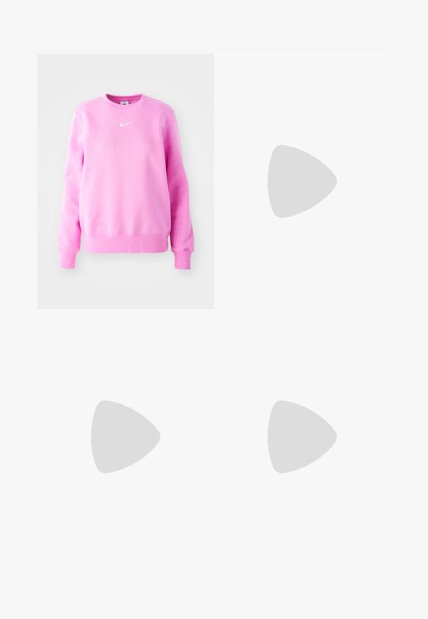 Roosa sweatshirt pehmest kangast, ribadega varrukate ja äärega. Rinnal väike valge Nike logo. Ümmargune kaelus.; Hele lilla varrukateta ribaga lühike top, millel on kaeluse lähedal keskel väike valge tikitud logo.; Must muströöm muströöm koos esise nupu ja tõmblukuga, külgmiste cargo-kottidega ning punase "Eemalda enne lendu" kangast sildiga vöökohtadel.; Valge madala säärega Nike Air Force 1 toss, valgete nööridega, varbakastil perforatsioonidega ja Nike logost tagaosas võrkmaterjalist paneel.