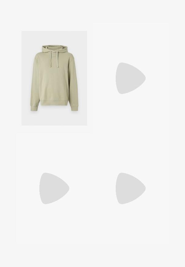 Sweat à capuche beige clair avec cordons à l'avant et logo discret en relief sur la poitrine, avec manches longues et poignets et ourlet côtelés.; T-shirt blanc à manches courtes avec le texte vert "HUGO UFO DEPT 1-800-BELIEVE" centré sur le devant et une étiquette HUGO bleue sur le col.; Pantalons cargo vert clair avec une coupe décontractée, taille élastique, cordon de serrage noir, deux poches latérales et détails de couture subtils.; Baskets en cuir blanc avec un bout arrondi, design minimaliste, lacets gris et semelle en caoutchouc gris texturé. Détails de couture subtils visibles.