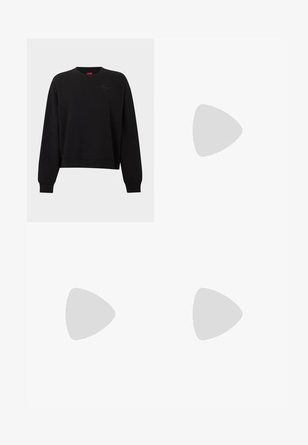 Sweat-shirt noir à manches longues avec col rond, poignets et ourlet côtelés, comportant un logo "Hugo" embossé subtil sur la poitrine.; Chemise blanche à manches longues en tissu léger, avec un devant à boutons, un col et une poche poitrine sur le côté gauche. Fini texturé subtil.; Jean en denim noir avec fines rayures verticales, poches avant, fermeture par boutons et jambes larges évasées.; Botte en cuir noir à cheville avec un bout rond, texture lisse et un talon épais, présentant un tige ajustée et un subtil détail de couture.