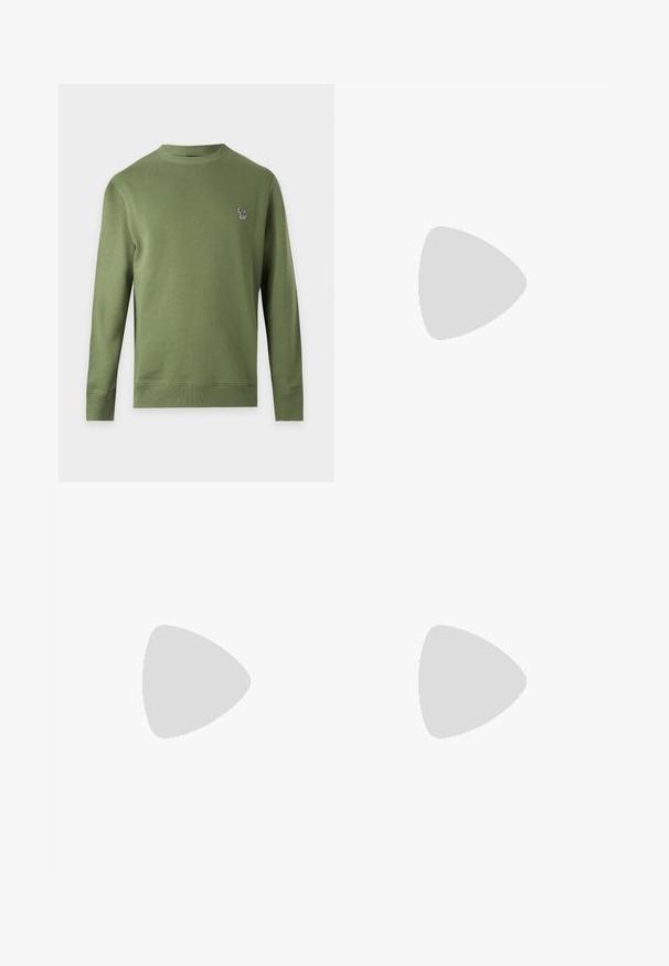 Sweat-shirt uni vert olive à manches longues et col rond avec un petit logo zèbre multicolore sur la poitrine gauche.; T-shirt à manches longues gris foncé avec un design géométrique coloré comprenant des vagues et des étoiles en vert, bleu, jaune et orange.; Pantalons en coton marron pour hommes, coupe droite, avec passants de ceinture, bouton frontal et fermeture éclair sur fond clair.; Baskets en suède beige avec un panneau texturé marron, un talon marron contrastant et des lacets multicolores. Caractérisées par une semelle en caoutchouc noire et un logo doré.