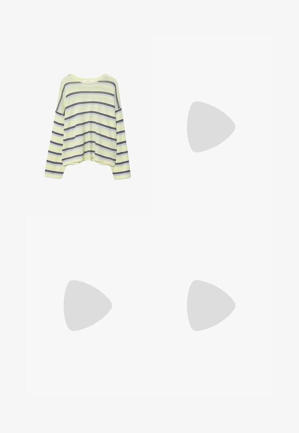 Chemise jaune clair à manches longues avec rayures horizontales noires et bleu clair, col rond et coupe décontractée.; Débardeur blanc côtelé sans manches avec un col en U et une silhouette ajustée.; Pantalon beige à jambes larges avec fines rayures verticales discrètes et une taille haute, posé à plat sur un fond blanc.; Baskets en daim jaune avec un bout arrondi, fermeture à lacets, et trois bandes beiges sur le côté. Comporte un talon beige contrastant et un intérieur rembourré.