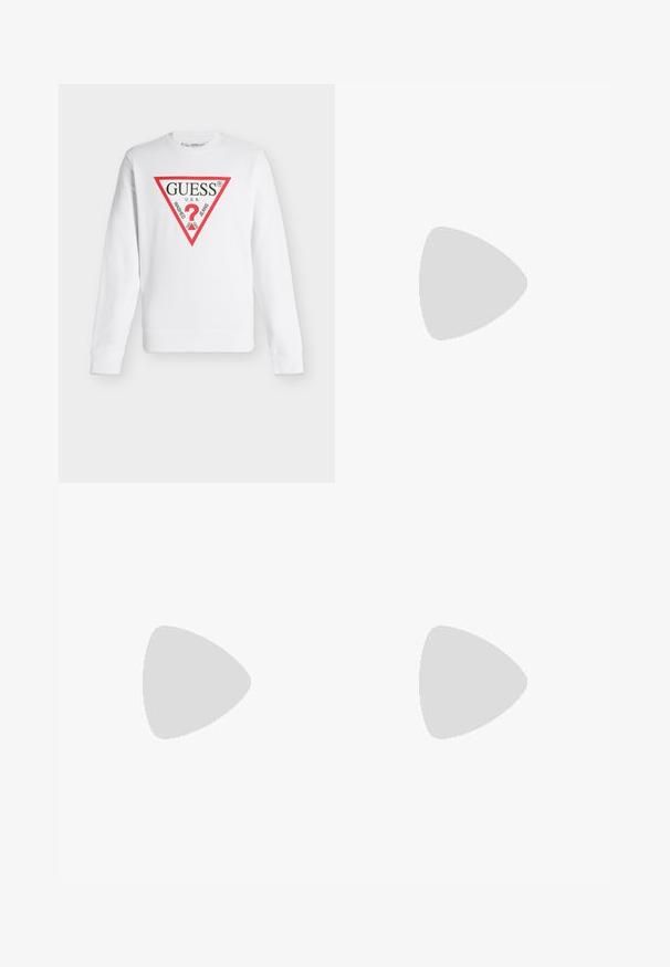 Sweat-shirt blanc à manches longues avec un logo triangulaire rouge indiquant "GUESS U.S.A." et "WASHED JEANS" autour d'un point d'interrogation rouge.; Chemise boutonnée rayée en bleu, rose et blanc. Dotée d'un col, de manches longues et d'une poche poitrine avec un détail logo. Matière en coton.; Jean en denim bleu clair délavé avec une coupe droite, conception à cinq poches, fermeture par bouton et détails subtils de froissement sur les jambes.; Mocassin penny en cuir noir avec surface texturée, petit talon et une lanière sur le dessus, présenté de profil sur un fond uni.