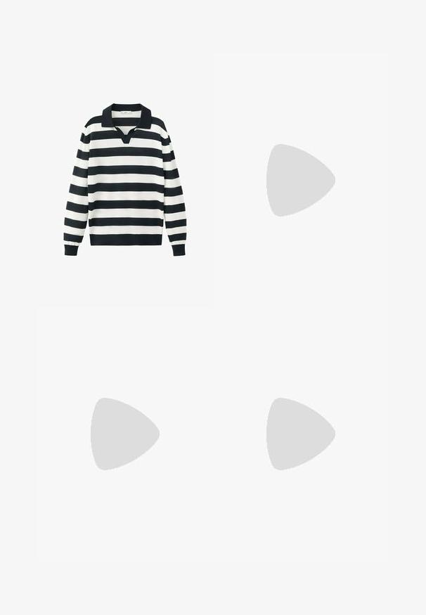 Maillot de rugby à manches longues avec larges rayures horizontales noires et blanches et un col noir avec une ouverture en V.; Chemise blanche à manches longues avec boutons, col pointu et poignets, affichée sur fond blanc.; Pantalon noir à coupe droite, avec des plis, des poches latérales et une ceinture plate. Confectionné dans un tissu lisse à finition mate.; Mocassin en cuir noir avec dessus cousu, détail de bride cloutée et semelle épaisse à crampons, présenté en profil latéral sur fond blanc.